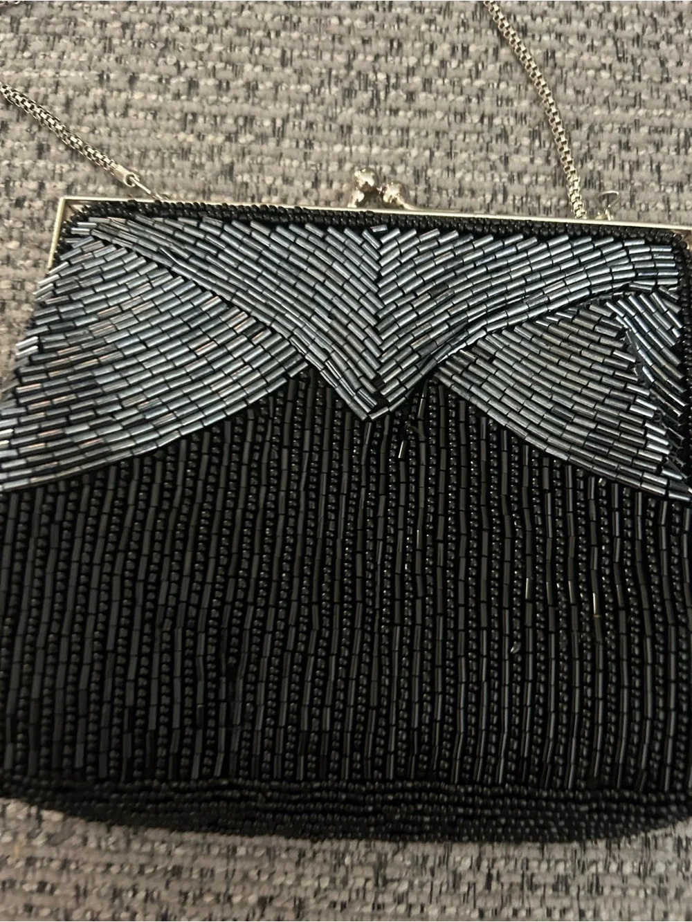 Elegant Black Beaded Evening Clutch with Silver Accents